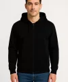 Erkek Üç İplik Kapüşonlu Tam Fermuarlı Kanguru Çepli SweatShirt Hoodie - Siyah