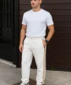 Erkek Üç İplik Kışlık Pamuklu Yandan Garneli Kalın Bej Şeritli Cepli Eşofman Altı - Beyaz