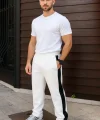 Erkek Üç İplik Kışlık Pamuklu Yandan Garneli Kalın Şeritli Cepli Eşofman Altı - Beyaz