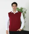 Erkek V Yaka Kolsuz Süveter Triko Kazak Yumuşak Dokulu Pamuklu Ince Dokuma Rahat Regular Kalıp - Bordo