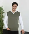 Erkek V Yaka Kolsuz Süveter Triko Kazak Yumuşak Dokulu Pamuklu Ince Dokuma Rahat Regular Kalıp - Haki