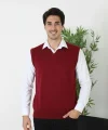 Erkek V Yaka Kolsuz Süveter Triko Kazak yumuşak dokulu Pamuklu ince Dokuma Rahat Regular kalıp - Bordo