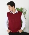 Erkek V Yaka Kolsuz Süveter Triko Kazak Yumuşak Dokulu Pamuklu Ince Dokuma Rahat Regular Kalıp - Bordo