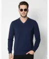 Erkek V Yaka Triko Kazak Yumuşak Dokulu Pamuklu Ince Dokuma, Uzun Kollu Rahat Regular Kalıp - Lacivert
