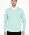 Erkek V Yaka Triko Kazak yumuşak dokulu Pamuklu ince Dokuma, uzun kollu Rahat Regular kalıp - Mint Yeşili