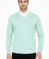 Erkek V Yaka Triko Kazak Yumuşak Dokulu Pamuklu Ince Dokuma, Uzun Kollu Rahat Regular Kalıp - Mint Yeşili