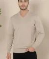Erkek V Yaka Triko Kazak Yumuşak Dokulu Pamuklu Ince Dokuma, Uzun Kollu Rahat Regular Kalıp - Bej
