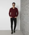 Erkek V Yaka Triko Kazak Yumuşak Dokulu Pamuklu Ince Dokuma, Uzun Kollu Rahat Regular Kalıp - Bordo