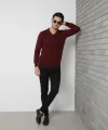 Erkek V Yaka Triko Kazak Yumuşak Dokulu Pamuklu Ince Dokuma, Uzun Kollu Rahat Regular Kalıp - Bordo