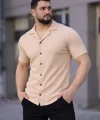 Erkek Waffle Kumaş Kısa Kollu Düğmeli Açık Yaka Regular Fit Gömlek - Bej