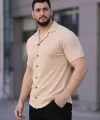 Erkek Waffle Kumaş Kısa Kollu Düğmeli Açık Yaka Regular Fit Gömlek - Bej