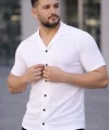 Erkek Waffle Kumaş Kısa Kollu Düğmeli Açık Yaka Regular Fit Gömlek - Beyaz