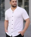 Erkek Waffle Kumaş Kısa Kollu Düğmeli Açık Yaka Regular Fit Gömlek - Beyaz