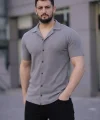 Erkek Waffle Kumaş Kısa Kollu Düğmeli Açık Yaka Regular Fit Gömlek - Gri