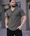 Erkek Waffle Kumaş Kısa Kollu Düğmeli Açık Yaka Regular Fit Gömlek - Haki