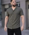 Erkek Waffle Kumaş Kısa Kollu Düğmeli Açık Yaka Regular Fit Gömlek - Haki