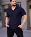 Erkek Waffle Kumaş Kısa Kollu Düğmeli Açık Yaka Regular Fit Gömlek - Lacivert