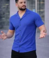 Erkek Waffle Kumaş Kısa Kollu Düğmeli Açık Yaka Regular Fit Gömlek - Saks Mavisi