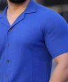 Erkek Waffle Kumaş Kısa Kollu Düğmeli Açık Yaka Regular Fit Gömlek - Saks Mavisi