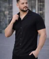 Erkek Waffle Kumaş Kısa Kollu Düğmeli Açık Yaka Regular Fit Gömlek - Siyah