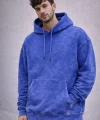 Erkek Yağ Yıkamalı Kapşonlu Double Oversize Üç İplik Pamuklu Sweatshirt - Mavi