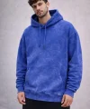 Erkek Yağ Yıkamalı Kapşonlu Double Oversize Üç İplik Pamuklu Sweatshirt - Mavi
