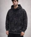 Erkek Yağ Yıkamalı Kapşonlu Double Oversize Üç İplik Pamuklu Sweatshirt - Siyah
