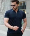 Erkek Yaka Ve Kolları çizgi Detaylı Fermuar Yakalı Kısa Kollu Tişört