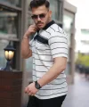 Erkek Yakalı çizgili Kısa Kollu T-shirt