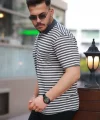 Erkek Yakalı çizgili Kısa Kollu T-shirt