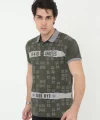 Erkek Yakalı Slim Fit Baskılı T-Shirt - Haki