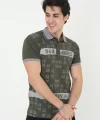 Erkek Yakalı Slim Fit Baskılı T-Shirt - Haki