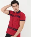 Erkek Yakalı Slim Fit Baskılı T-Shirt - Kırmızı