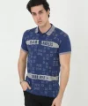 Erkek Yakalı Slim Fit Baskılı T-Shirt - Mavi