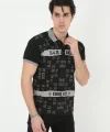 Erkek Yakalı Slim Fit Baskılı T-Shirt - Siyah