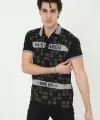 Erkek Yakalı Slim Fit Baskılı T-Shirt - Siyah