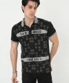 Erkek Yakalı Slim Fit Baskılı T-Shirt - Siyah