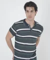 Erkek Yakalı Slim Fit Dokuma Çizgili T-Shirt - Haki