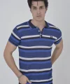 Erkek Yakalı Slim Fit Dokuma Çizgili T-Shirt - Mavi