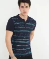 Erkek Yakalı Slim Fit Pike Çizgili T-Shirt - Lacivert