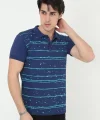 Erkek Yakalı Slim Fit Pike Çizgili T-Shirt - Mavi