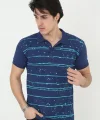 Erkek Yakalı Slim Fit Pike Çizgili T-Shirt - Mavi