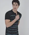 Erkek Yakalı Slim Fit Pike Çizgili T-Shirt - Siyah