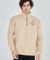 Erkek Yarım Fermuarlı Baskılı Sweat - Bej