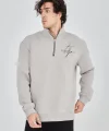 Erkek Yarım Fermuarlı Baskılı Sweat - Boyalı Gri