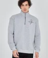 Erkek Yarım Fermuarlı Baskılı Sweat - Gri