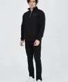 Erkek Yarım Fermuarlı Baskılı Sweat - Siyah
