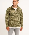 Erkek Yarım Fermuarlı Desenli Polar Sweat – Haki Kamuflaj Yakalı, Uzun Kollu, Oversize Rahat Kalıp - Haki