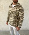 Erkek Yarım Fermuarlı Desenli Polar Sweat – Haki Kamuflaj Yakalı, Uzun Kollu, Oversize Rahat Kalıp - Haki