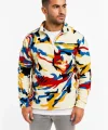 Erkek Yarım Fermuarlı Desenli Polar Sweat – Renkli Abstract Desen Yakalı, Uzun Kollu, Oversize Rahat Kalıp,  - Beyaz